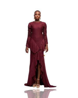 Wine Ruffle Hem Gown